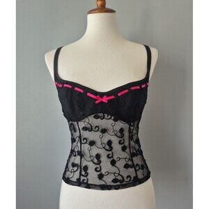 Rampage Vintage Black Floral Mesh Pink Ribbon 34C Bustier Large Panty Set Womens
